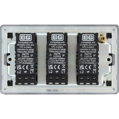BG Flatplate Screwless 200W Triple Wall Dimmer Switch, Matt Black