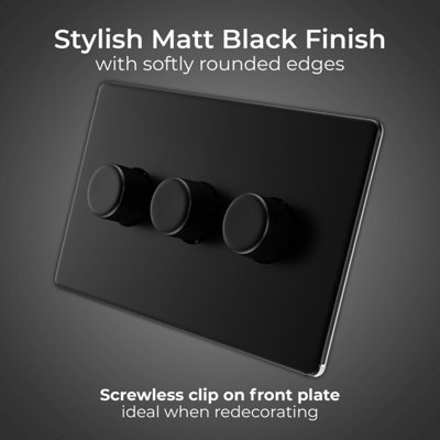 BG Flatplate Screwless 200W Triple Wall Dimmer Switch, Matt Black