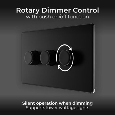 BG Flatplate Screwless 200W Triple Wall Dimmer Switch, Matt Black