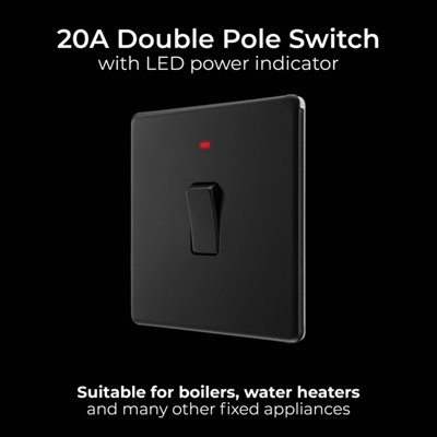 BG Flatplate Screwless 20A Double Pole Single LED Switch Matt Black