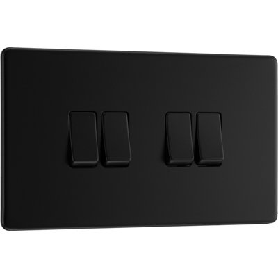 BG Flatplate Screwless 20A Quadruple Wall Light Switch, Matt Black