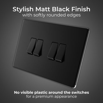 BG Flatplate Screwless 20A Quadruple Wall Light Switch, Matt Black