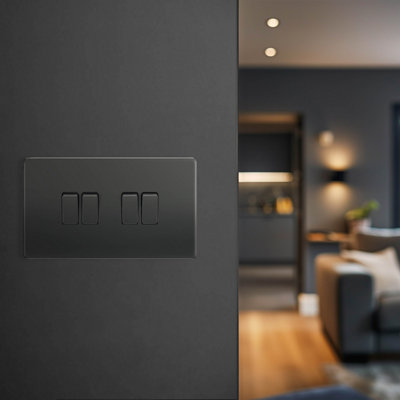 BG Flatplate Screwless 20A Quadruple Wall Light Switch, Matt Black