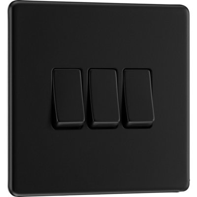 BG Flatplate Screwless 20A Triple Wall Light Switch, Matt Black