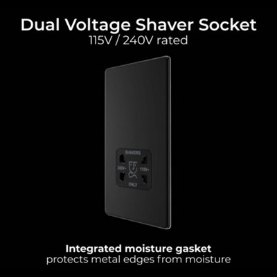 BG Flatplate Screwless Shaver Socket, Dual 115/240V, Matt Black
