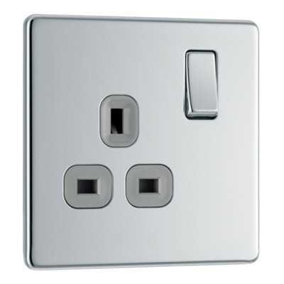 BG FPC21G Nexus Screwless Flat-Plate Single Switched Plug Socket Polished Chrome Grey Insert 13A