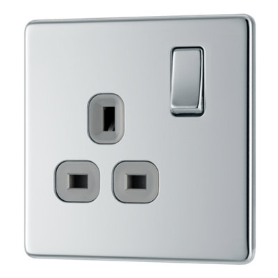 BG FPC21G Nexus Screwless Flat-Plate Single Switched Plug Socket Polished Chrome Grey Insert 13A