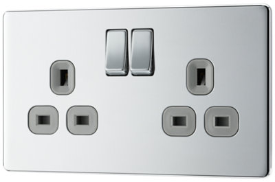 BG FPC22G Nexus Screwless Flat-Plate Double Switched Plug Socket Polished Chrome Grey Inserts, 13A