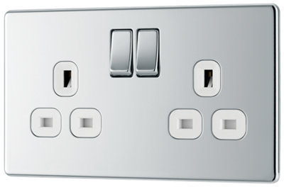BG FPC22W Nexus Screwless Flat-Plate Double Switched Plug Socket Polished Chrome White Inserts 13A