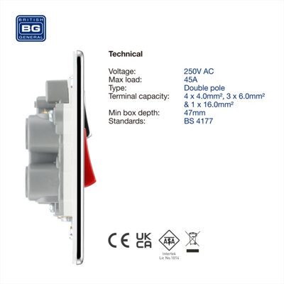 BG FPC70W Nexus Screwless Flat-Plate Switched Socket Cooker Unit Polished Chrome White Insert 45A