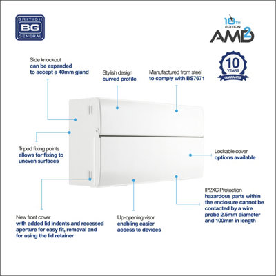 BG Metal Consumer Unit 22 Module, 20 Way Unpopulated With 100A Main Switch 2 x Cover Blanks With Up Opening Front Cover