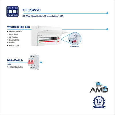 BG Metal Consumer Unit 22 Module, 20 Way Unpopulated With 100A Main Switch 2 x Cover Blanks With Up Opening Front Cover