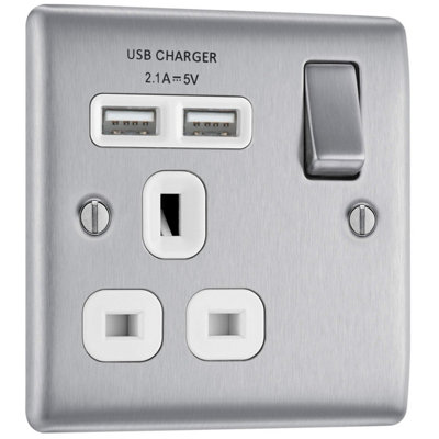 BG NBS21U2W Nexus Metal Brushed Steel 1G Switched Socket with 2x USB Charging