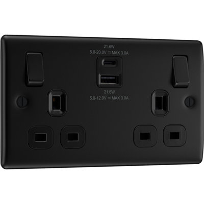 BG Nexus Metal 13A Double Switched Socket USB- A&C, 22W, Matt Black