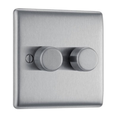 BG Nexus Metal Brushed Steel Double Intelligent Led Dimmer Switch, 2-Way On/Off
