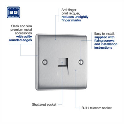 BG Nexus Metal Brushed Steel Single RJ11 Telephone Socket - NBSRJ111