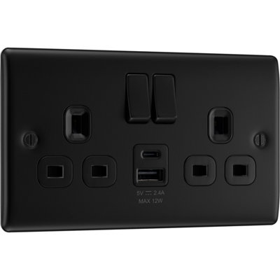 BG Nexus Metal Double Switched Socket USB- A&C, 12W, Matt Black