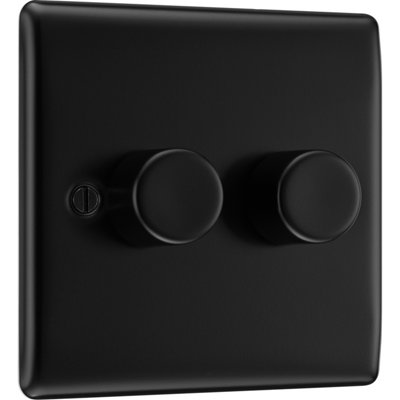 BG Nexus Metal Matt Black 200W Double Dimmer Switch, 2-Way Push On/Off, Trailing Edge