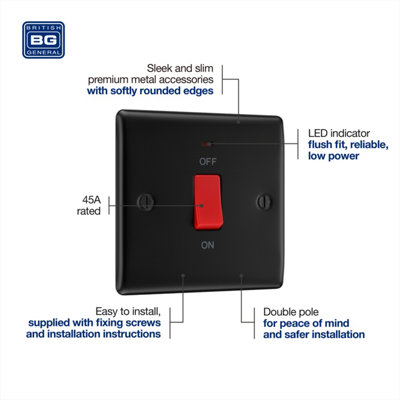 BG Nexus Metal Matt Black 45A Square Cooker Control Unit, With Power Indicator