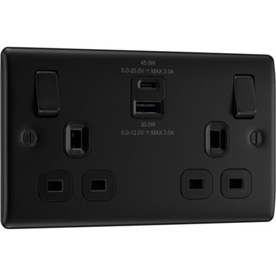 BG Nexus Metal Matt Black Double Switched 13A Power Socket With USB Charging - USB A + C (45W)