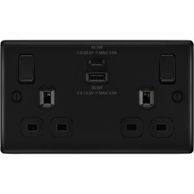 BG Nexus Metal Matt Black Double Switched 13A Power Socket With USB Charging - USB A + C (45W)