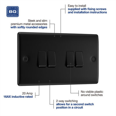 BG Nexus Metal Matt Black Quadruple Switch, 20A 16AX 2 Way