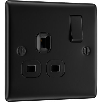British General Nexus Metal 13A 2-Gang DP Switched Plug Socket Brushed Iridium  with Black Inserts