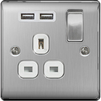 BG Nexus Metal Single 1 Gang Plug Socket  with 2 x USB Outlet White Insert 13A