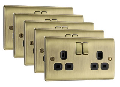 BG Nexus NAB22B 13A Switched Double Plug Socket 2 Gang  Decorative Metal Power Outlet with Antique Brass Finish - Pack of 5