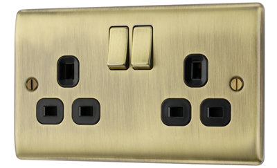BG Nexus NAB22B 13A Switched Double Plug Socket 2 Gang  Decorative Metal Power Outlet with Antique Brass Finish - Pack of 5