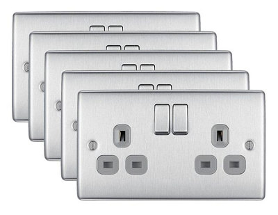 BG Nexus NBS22G 13A Switched Double Plug Socket 2 Gang  Decorative Metal Power Outlet with Brushed Steel Finish - Pack of 5