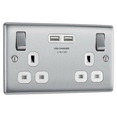 BG Nexus NBS22U3W Switched Socket 2 Gang & USB 3.1A 5V (Brushed Steel/ White Inserts) Price Comparisons | Compare The Build