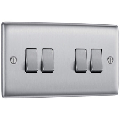 BG Nexus NBS44 Metal Brushed Steel Single 4 Gang Plate 2 Way 10A Light Switch