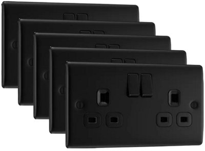 BG Nexus NFB22B 13A Switched Double Plug Socket 2 Gang Decorative Metal Power Outlet with Matt Black Finish - Pack of 5