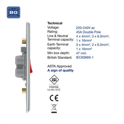 BG Nexus 875 45A 1 Gang Cooker/Shower Switch - Slimline White