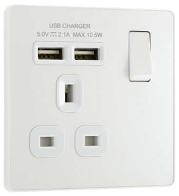 BG PCDCL21U2W Pearlescent White Evolve 1 Gang 13A 2x USB-A 2.1A Switched Socket Outlet - White Insert