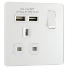 BG PCDCL21U2W Pearlescent White Evolve 1 Gang 13A 2x USB-A 2.1A Switched Socket Outlet - White Insert