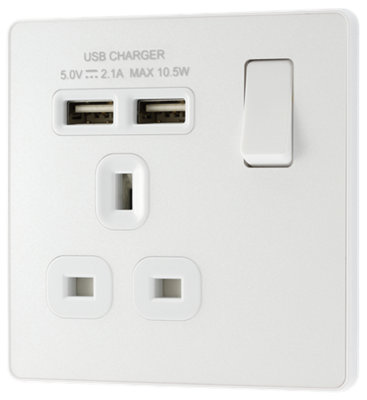 BG PCDCL21U2W Pearlescent White Evolve 1 Gang 13A 2x USB-A 2.1A Switched Socket Outlet - White Insert - 3