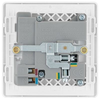 BG PCDCL21U2W Pearlescent White Evolve 1 Gang 13A 2x USB-A 2.1A Switched Socket Outlet - White Insert - 9