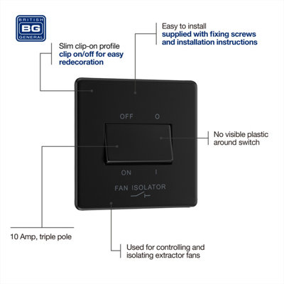 BG Screwless Flatplate Matt Black, 10AX Triple Pole Fan Isolator Switch