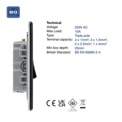 BG Screwless Flatplate Matt Black, 10AX Triple Pole Fan Isolator Switch