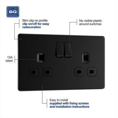 BG Screwless Flatplate Matt Black, 13A Double Switched Socket, Black Inserts
