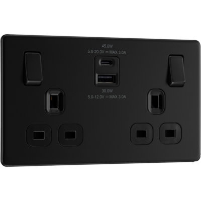 BG Screwless Flatplate Matt Black, 13A Double Switched Socket With USB A + C 45W, Black Inserts