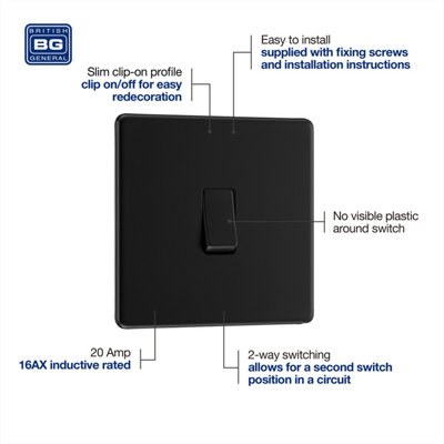 BG Screwless Flatplate Matt Black, 20A 16AX Single Switch, 2 Way