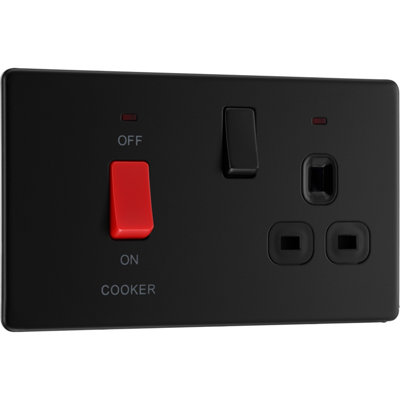 BG Screwless Flatplate Matt Black, 45A Cooker Control Unit With 13A Socket And LED Indicators, Black Inserts