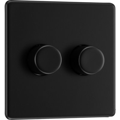 BG Screwless Flatplate Matt Black, Double Dimmer Switch, 2 Way