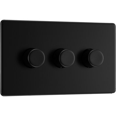 BG Screwless Flatplate Matt Black, Triple Dimmer Switch, 2 Way