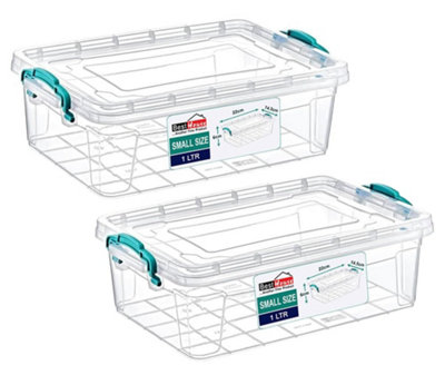 BH - 1L Small Plastic Storage Box with Lids - Pack of 2 Stackable Clear ...