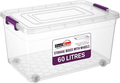 BH - 60L Clear Large Plastic Storage Box with Lids on Wheels Stackable ...