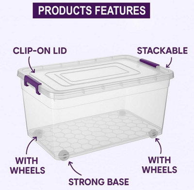 BH - 60L Clear Large Plastic Storage Box with Lids on Wheels Stackable ...